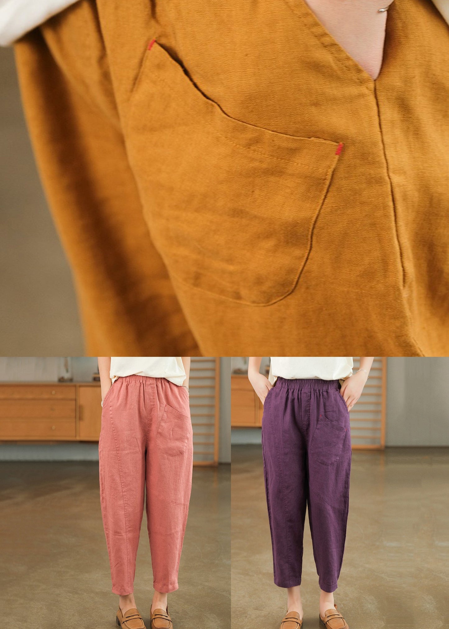 Loose Pink Pockets Linen Crop Pants Summer
