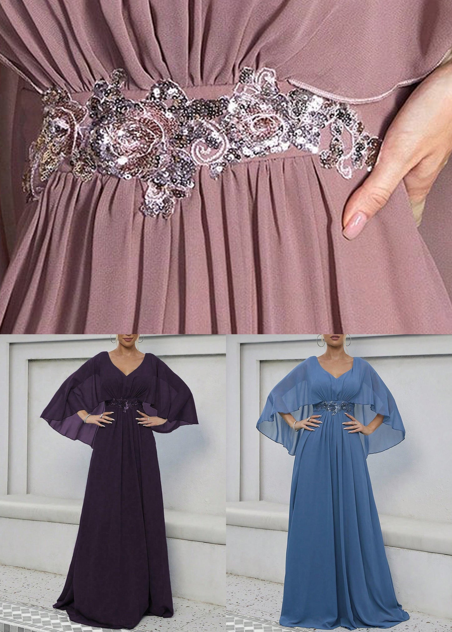 Loose Pink V Neck Sequins Chiffon Maxi Dresses Half Sleeve