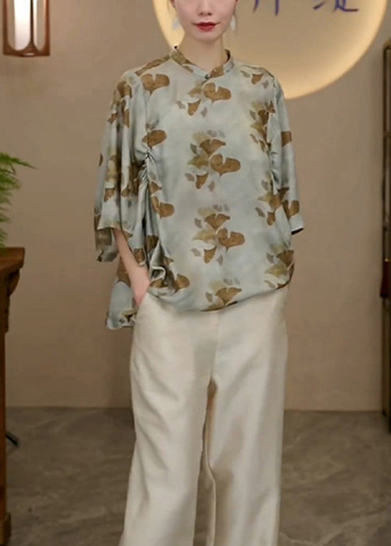 Chinese Style Stand Collar Print Silk Shirt Tops Bracelet Sleeve