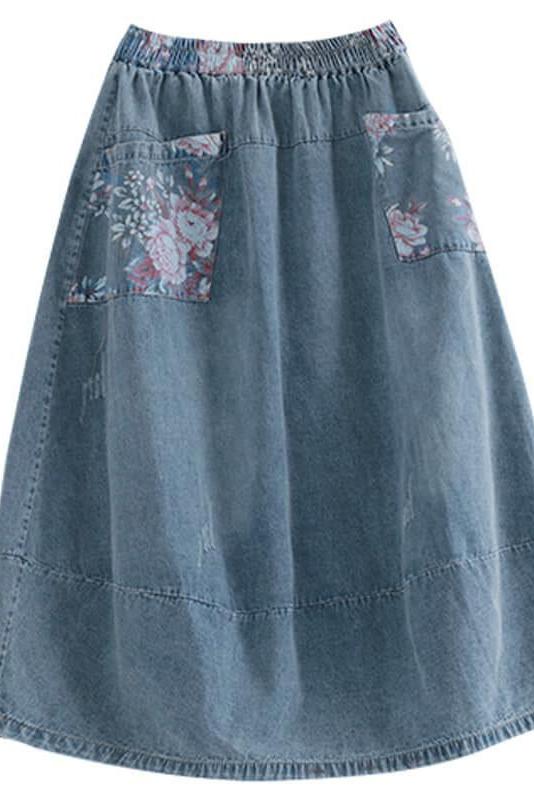 Elastic Waist Denim Cotton Skirt