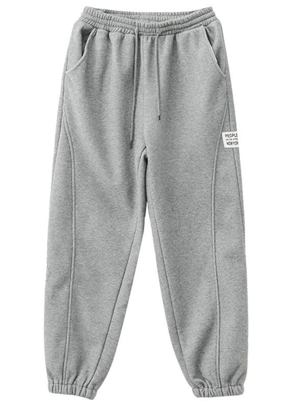Diy Grey Elastic Waist Patchwork Warm Fleece Pants Winter