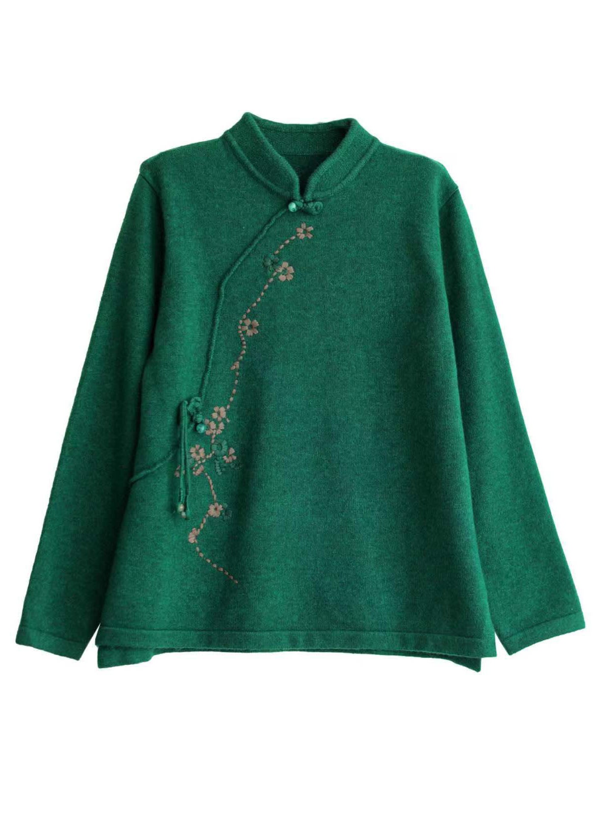 Beige Stand Collar Embroidered Chinese Style Knit Tops Spring