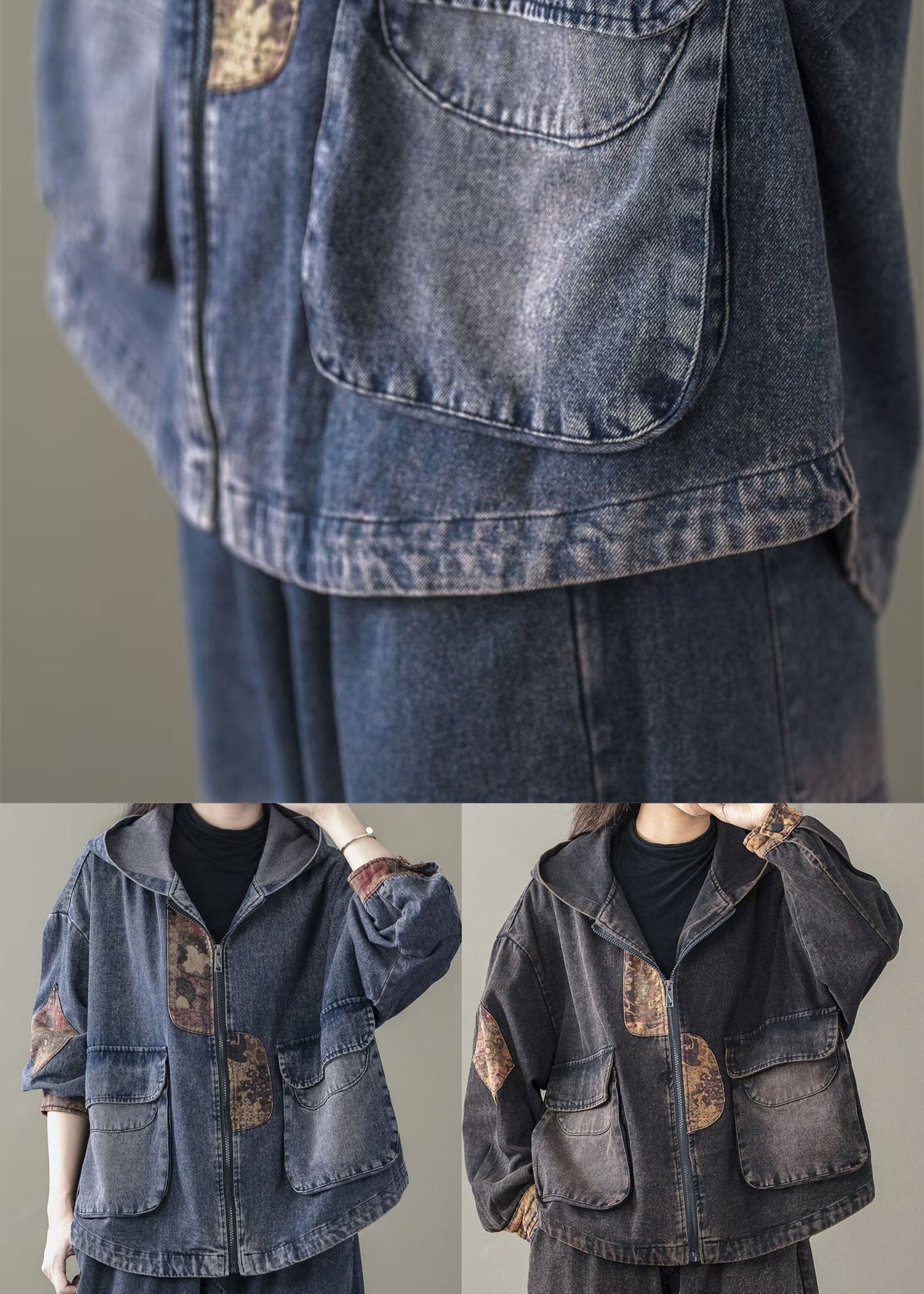 Blue Hooded Patchwork Denim Coats Spring