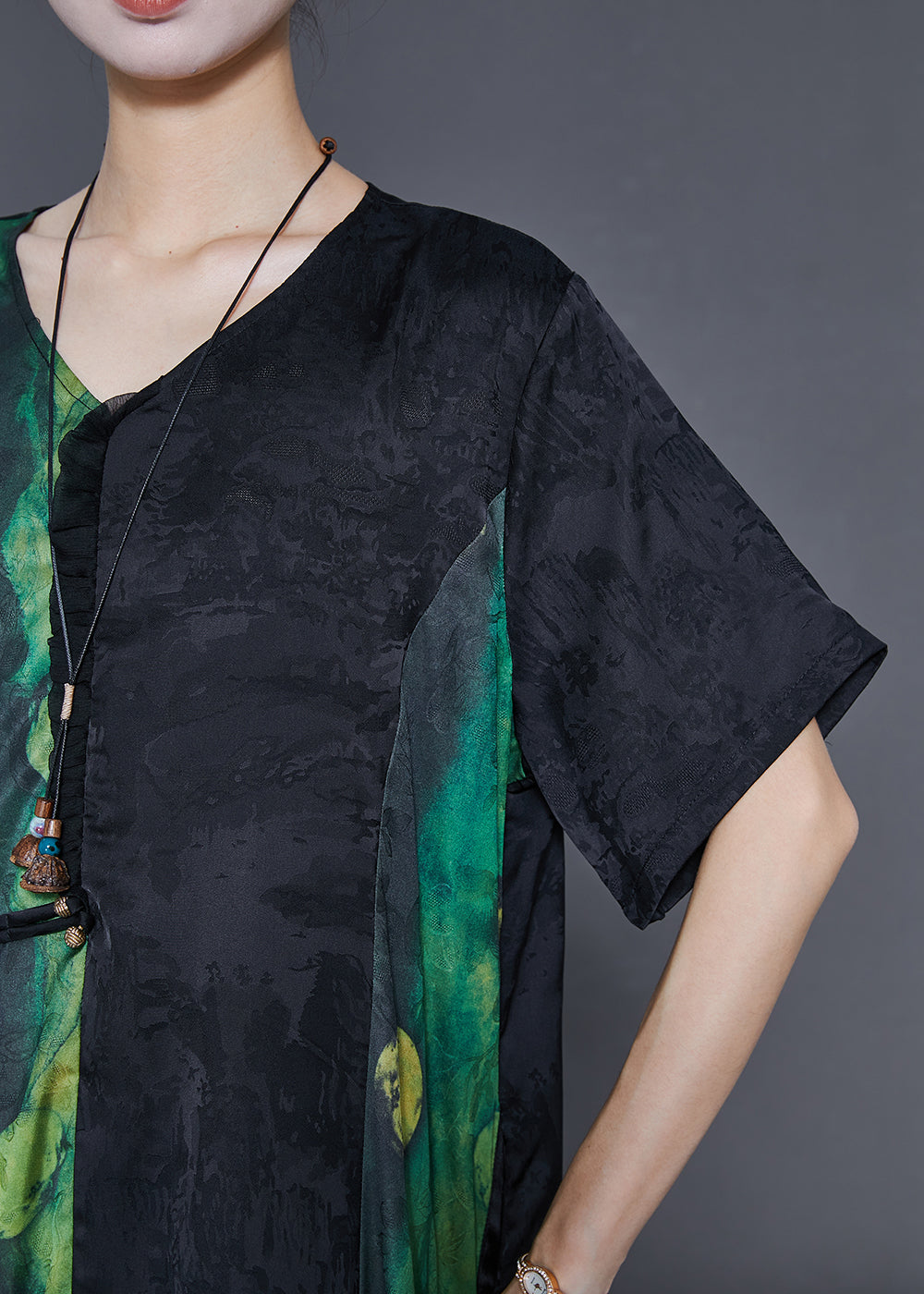 Green Oversized Patchwork Silk Long Dress Summer