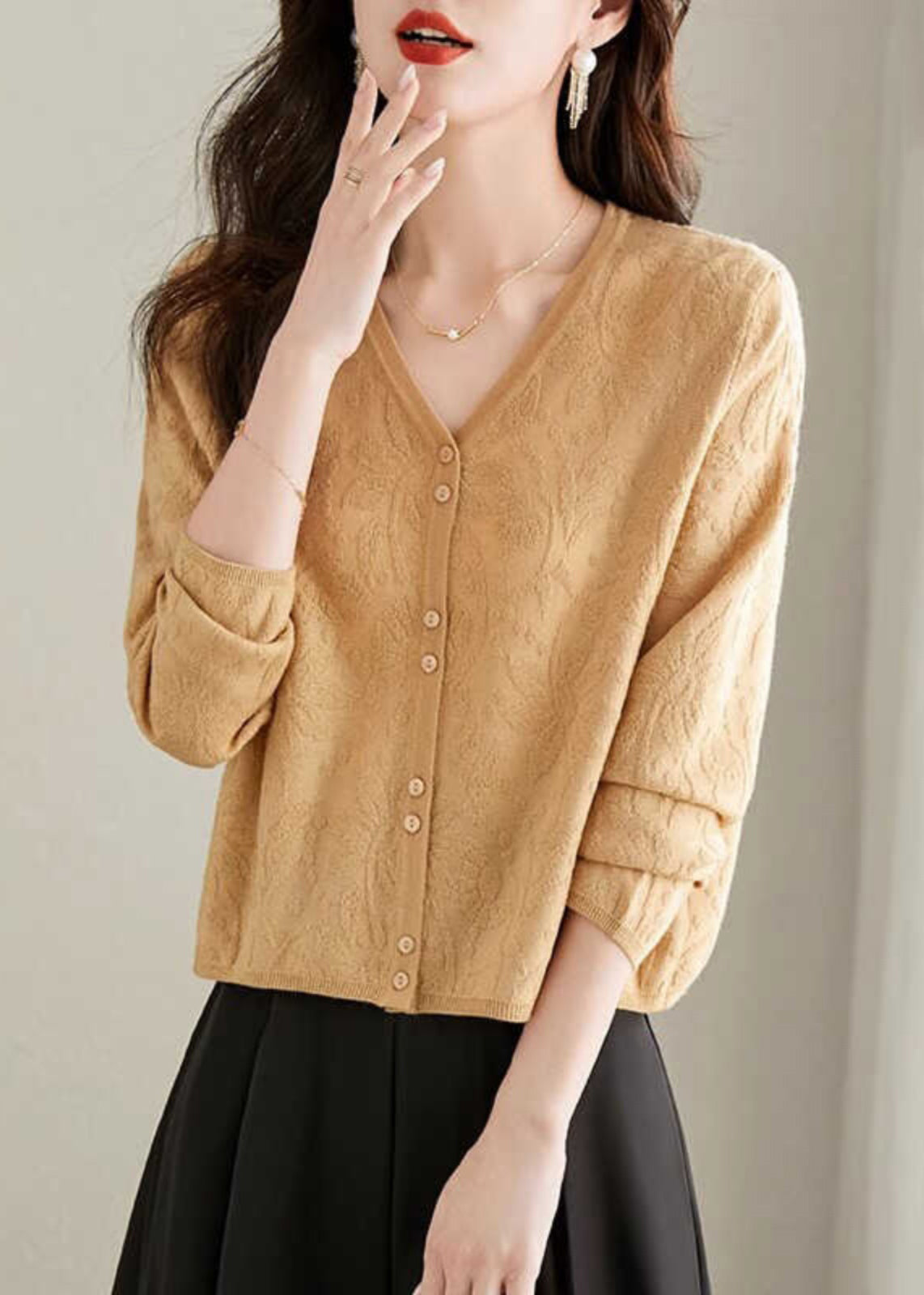 Jacquard Yellow V Neck Button Knit Cardigan Fall
