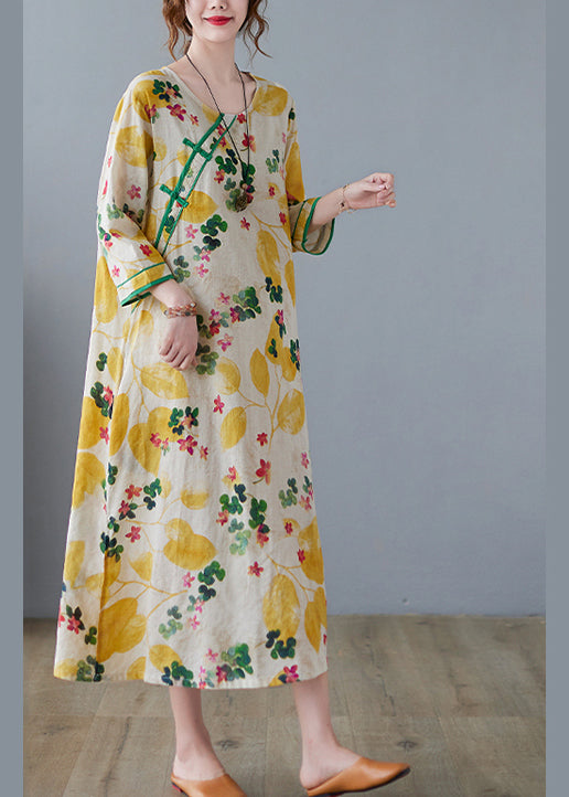 Yellow Side Open O-neck Print Cotton Loose Dress Three Quarter Sleeve