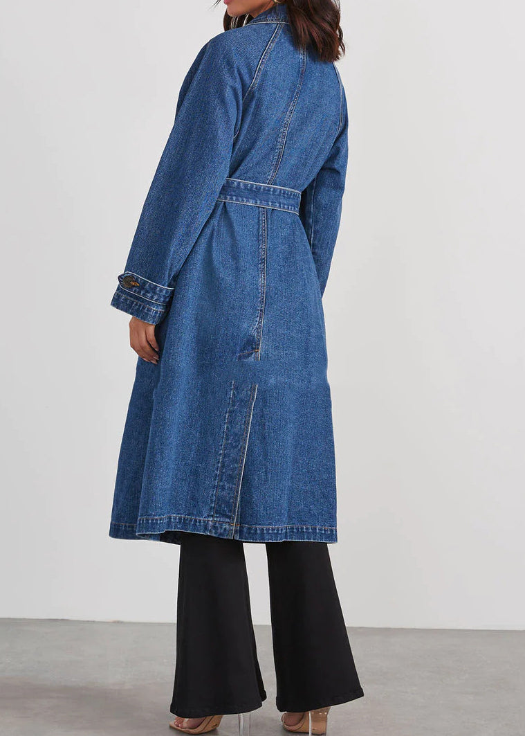 Italian Blue Notched Pockets Tie Waist Denim Long Trench Fall