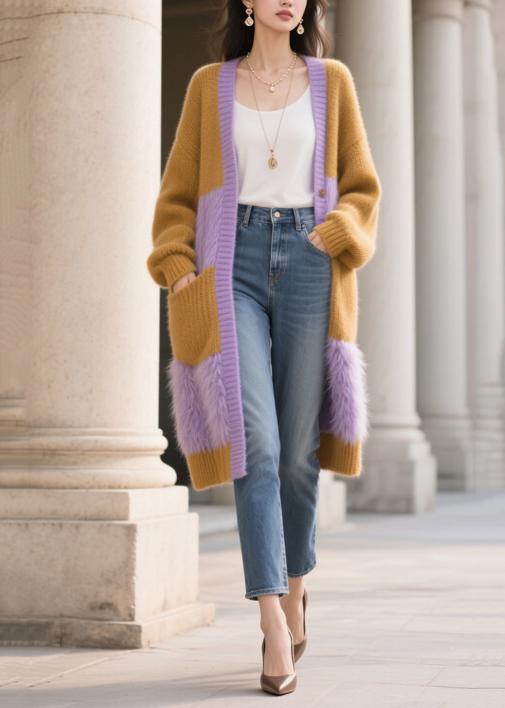 Colorblock Oversized Patchwork Faux Fur Knit Cardigan Winter
