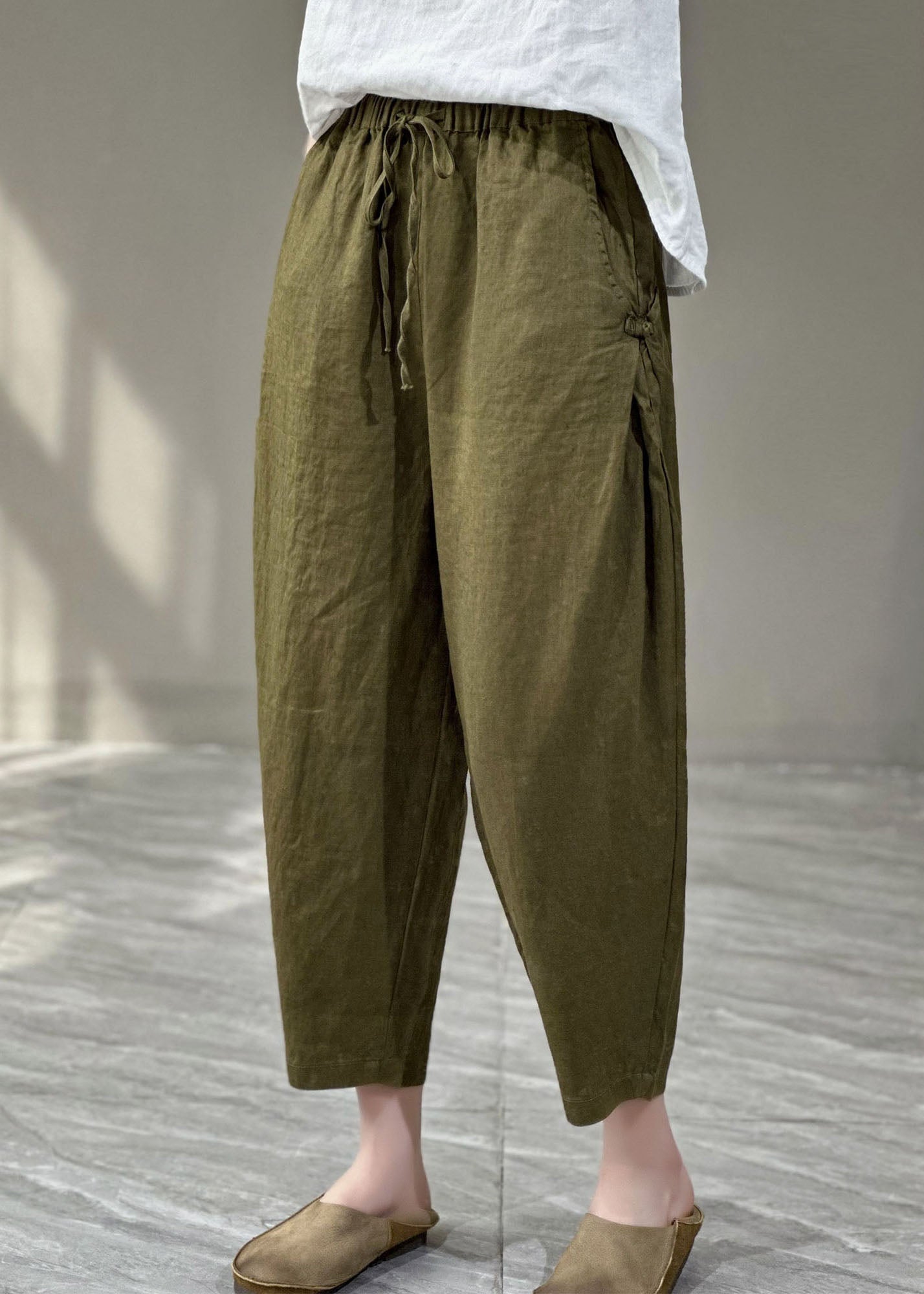 Yellow Pockets Cinched Patchwork Linen Harem Pants Summer
