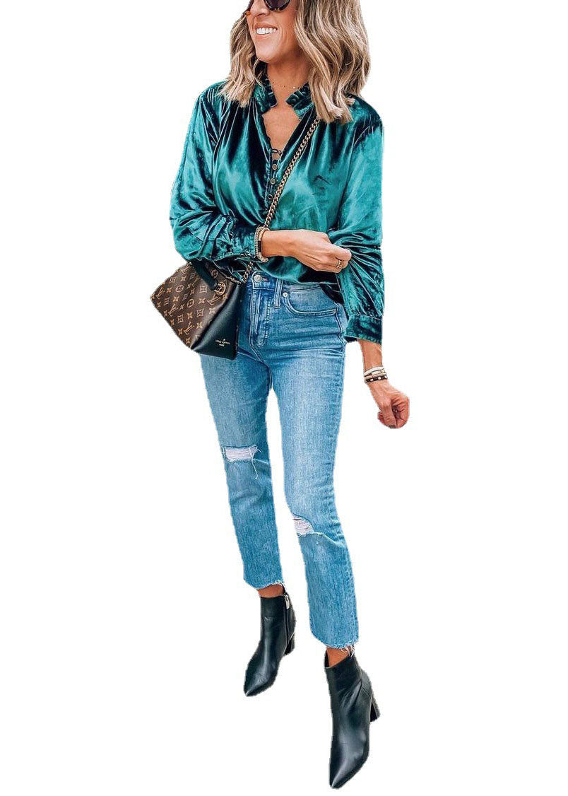 European and American Style Blue Ruffled Velour Top Spring