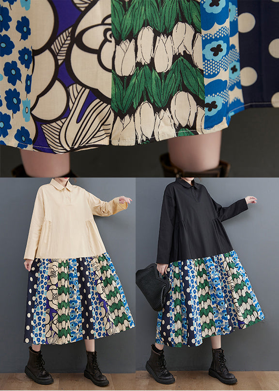 Beige Oversized Patchwork Cotton Long Dress Fall