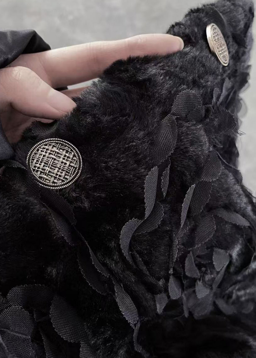 Black O-neck Button Fuzzy Fur Fluffy Coats Spring