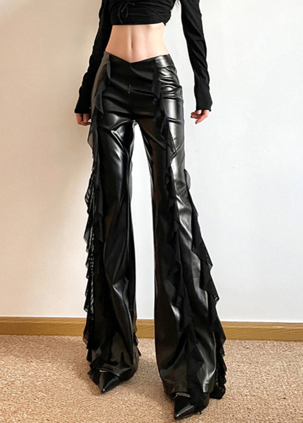 Black Ruffled Patchwork Asymmetrical Faux Leather Wide Leg Pants