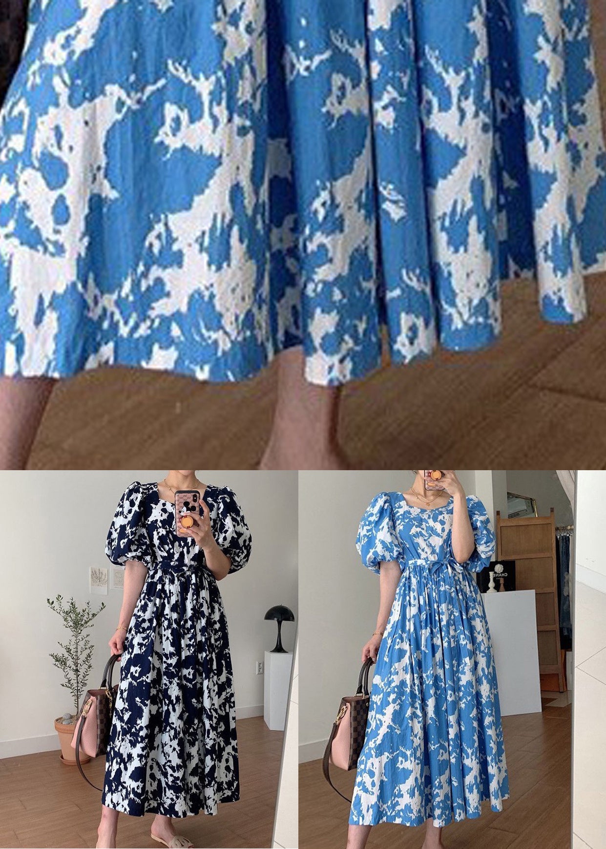 Black Square Collar Print Cotton Long Dress Summer