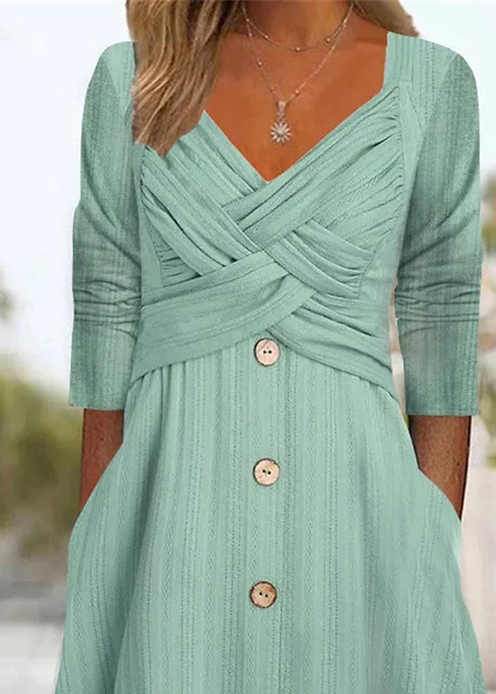 Green Button Pockets Wrinkled Cotton Dress Summer