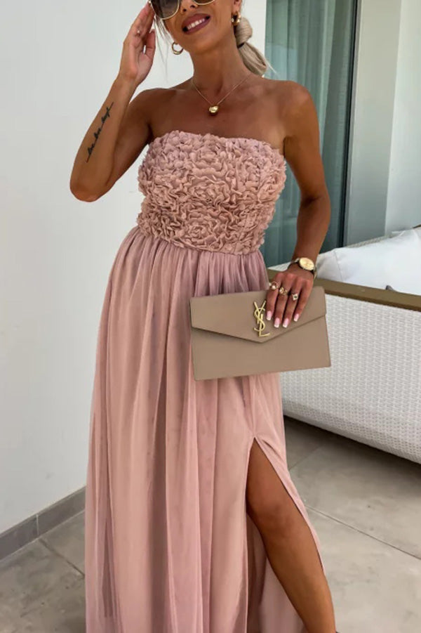 Romance and Lightness Tulle Texture Pleated Patchwork Strapless Slit Maxi Dress