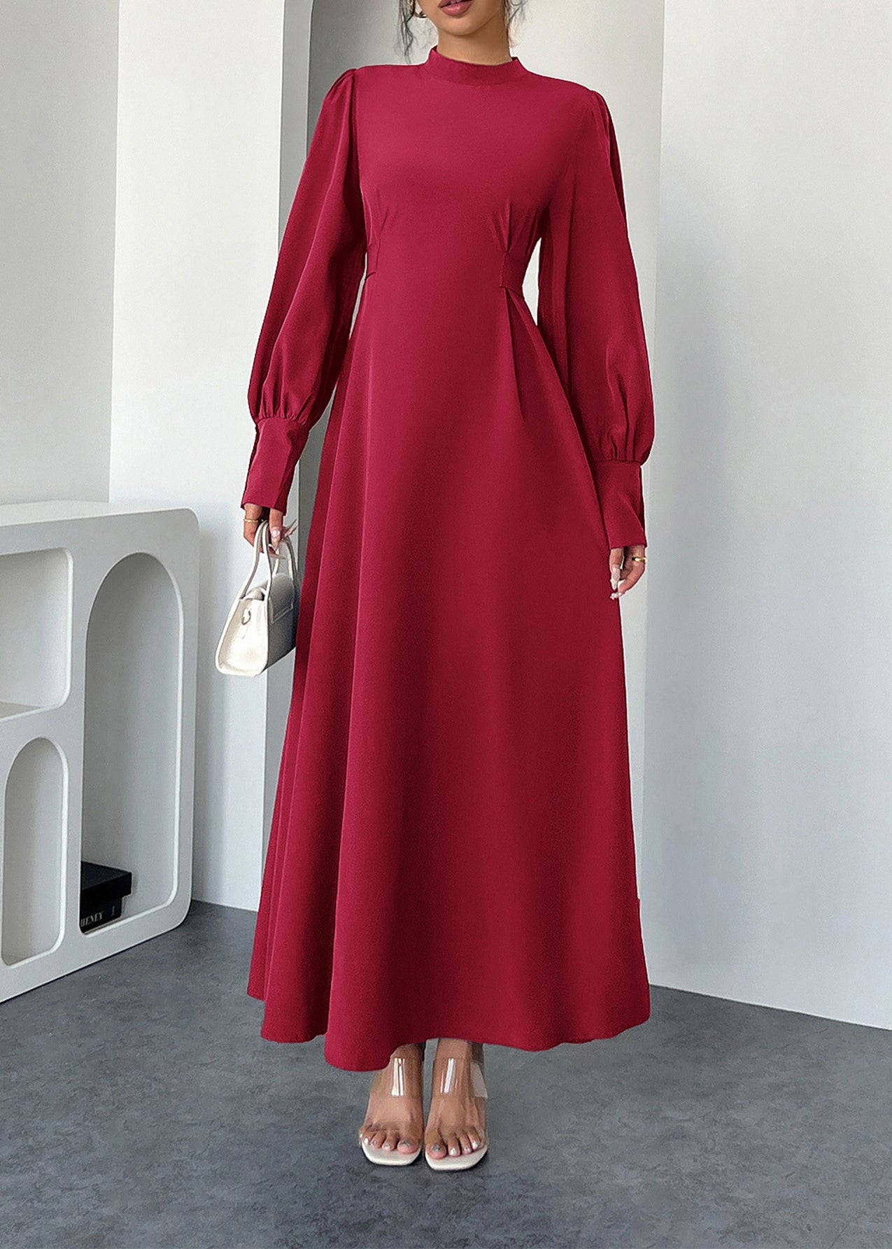 Red Hign Neck Cotton Maxi Dresses Lantern Sleeve
