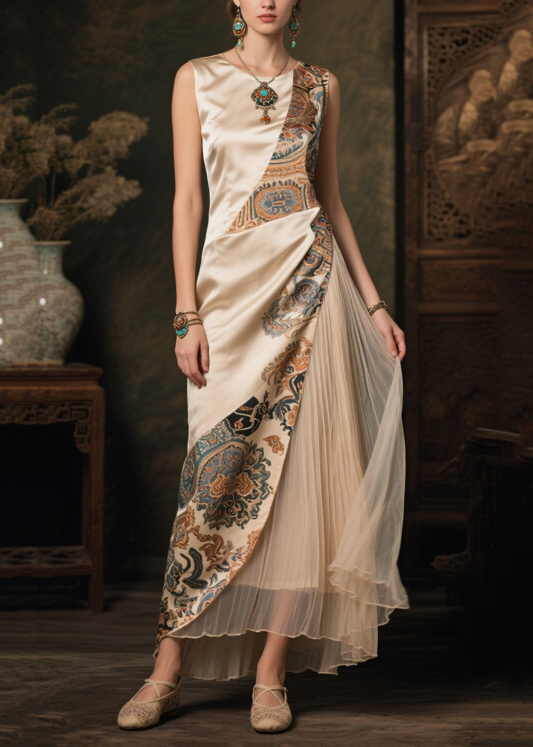 Champagne Asymmetrical Patchwork Print Silk Dresses Sleeveless