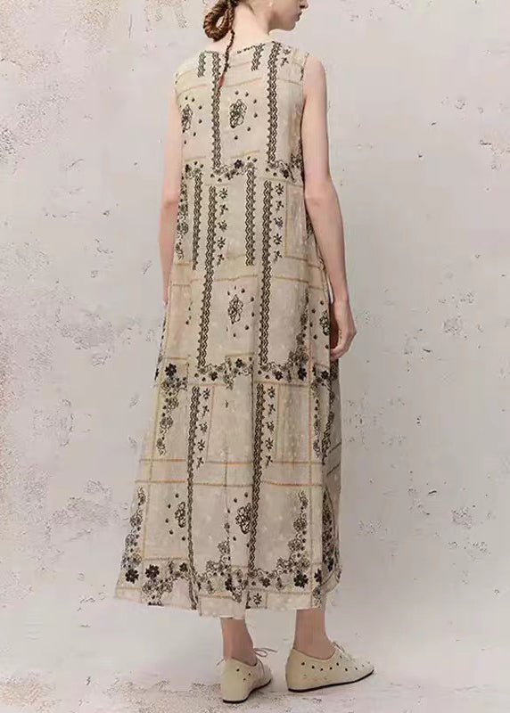 O-neck Print Ramie Maxi Dress Summer