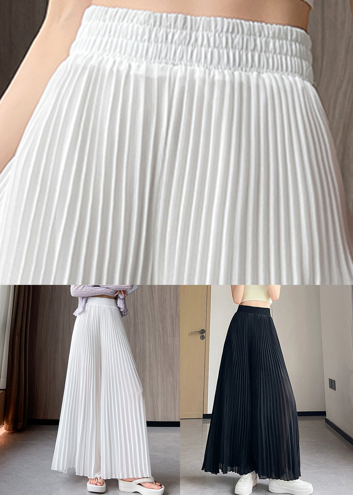 Black Chiffon Summer Wide Leg Pants Elastic Waist