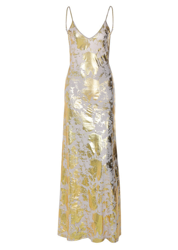 Stylish Gold Backless Cotton Spaghetti Strap Dress Summer