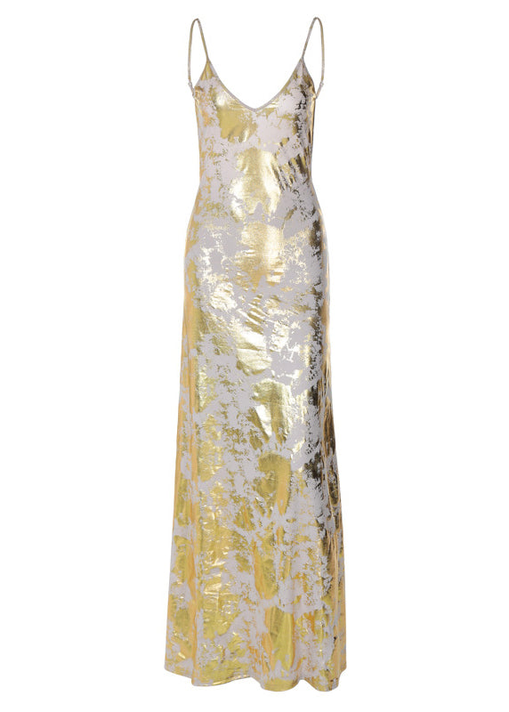 Stylish Gold Backless Cotton Spaghetti Strap Dress Summer