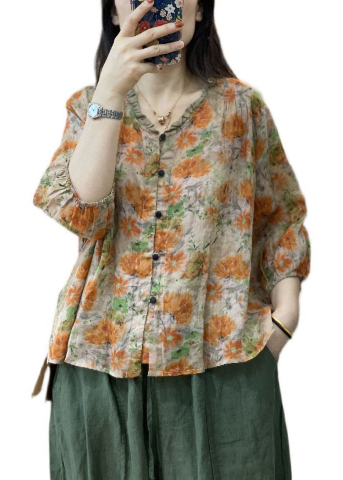 Orange Print Ruffled Patchwork Button Shirt Long Sleeve