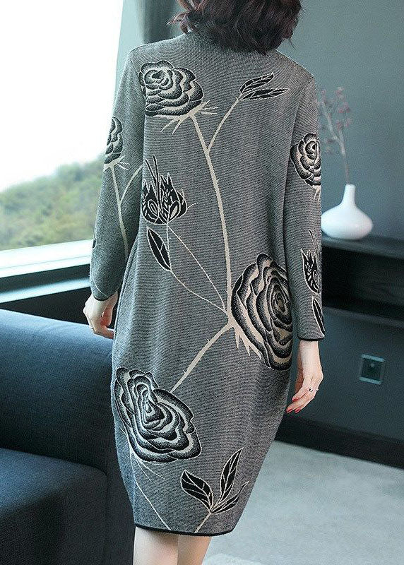 Black Stand Collar Print Knit Sweater Dress Winter