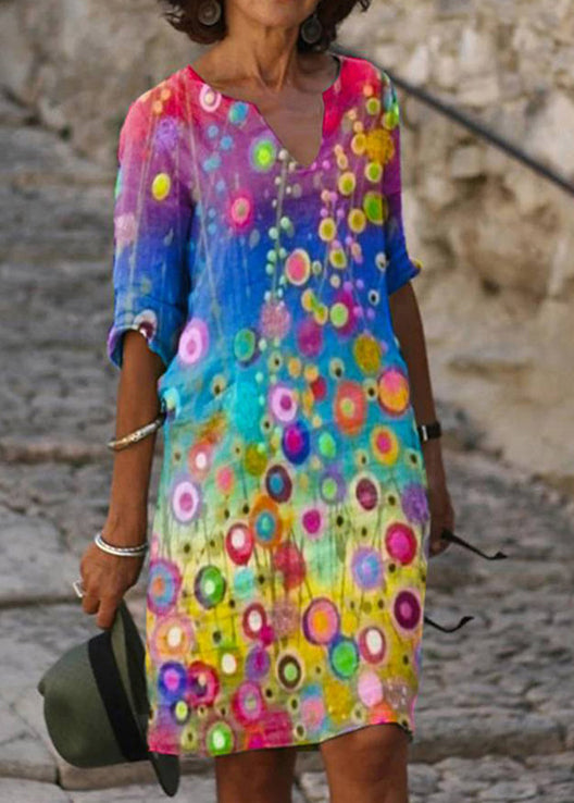 Black V Neck Print Loose Cotton Mid Dresses Summer