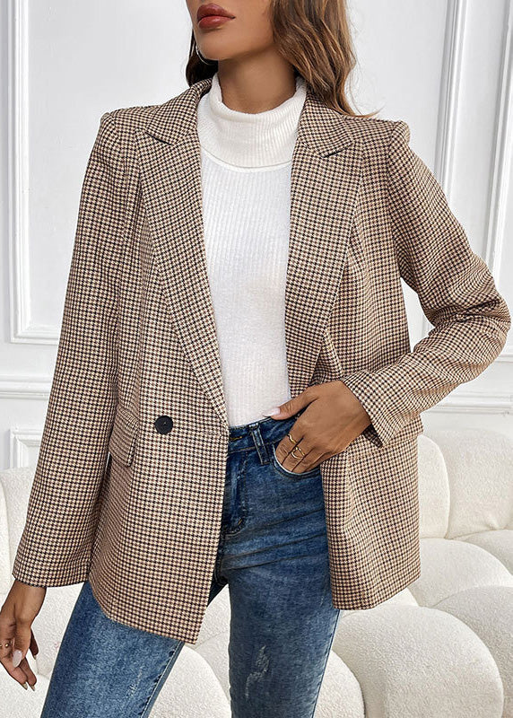 Modern Khaki Peter Pan Collar Pockets Plaid Cotton Suit Coat Fall