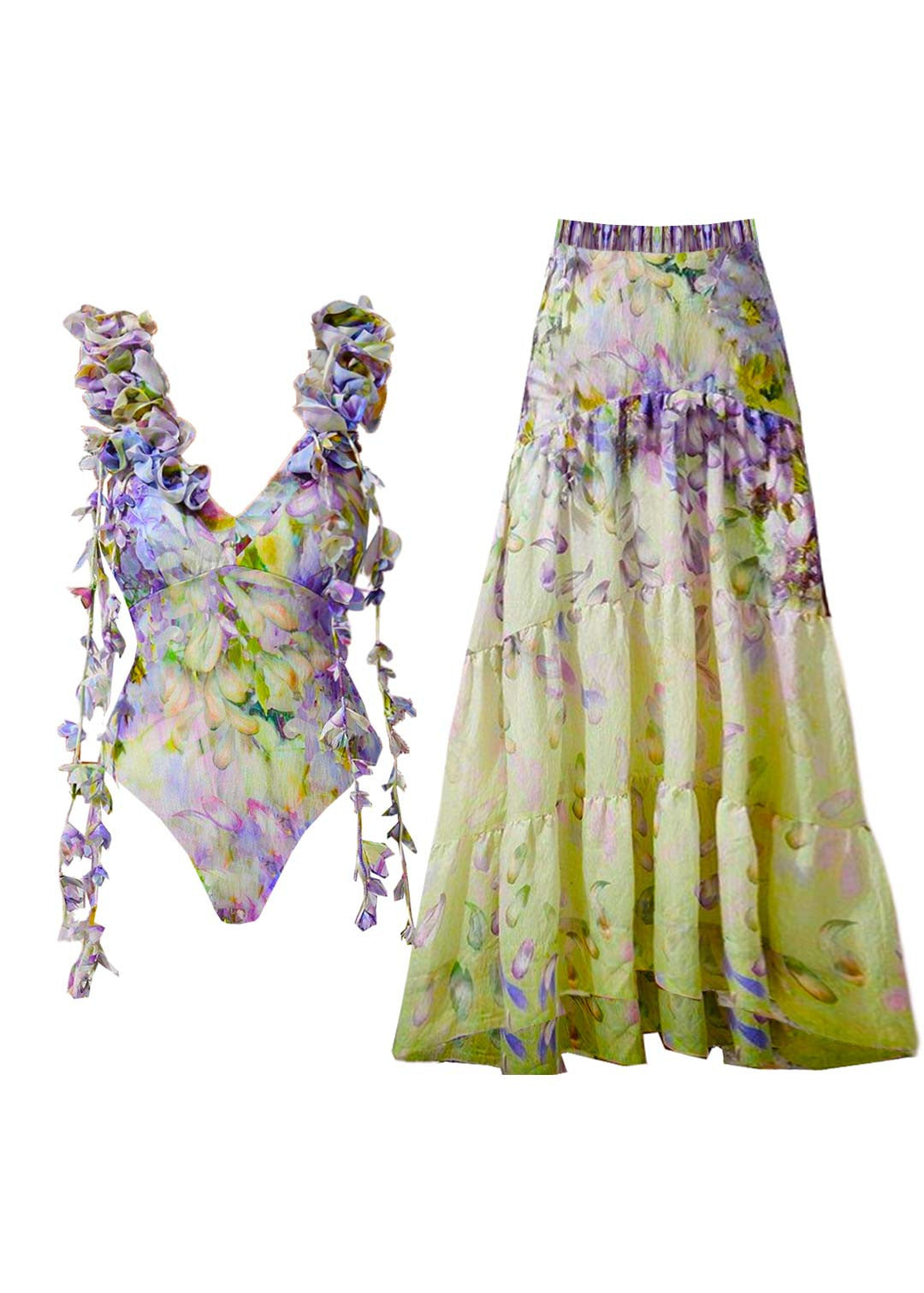 V-neck Print Patchwork Bodysuit and Maxi Skirts Lingerie Set