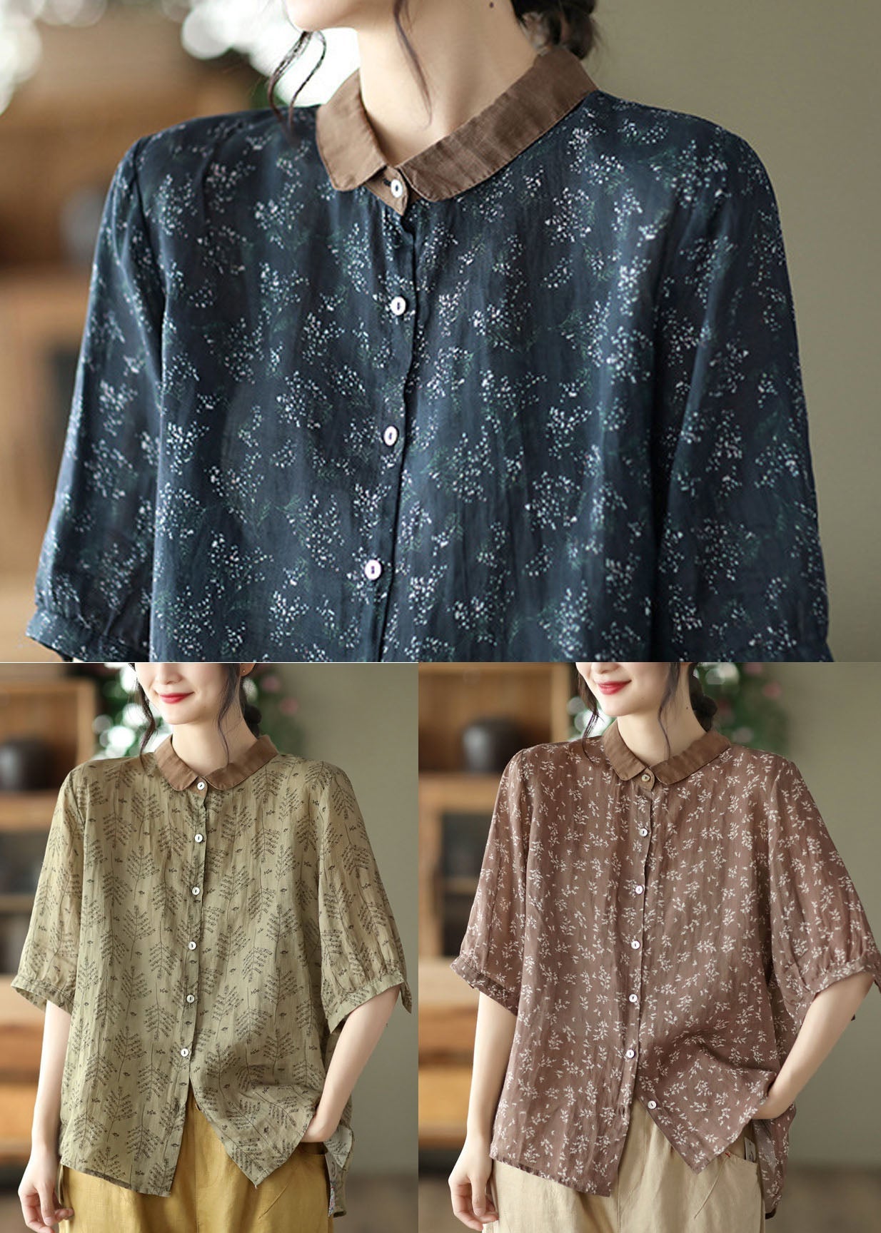 Navy Peter Pan Collar Print Linen Shirts Half Sleeve