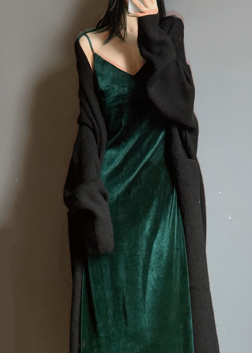 Green V Neck Velvet Spaghetti Strap Dress Fall