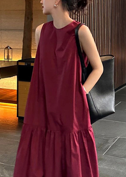 Simple Wine Red Pockets Wrinkled Cotton Long Dresses Sleeveles