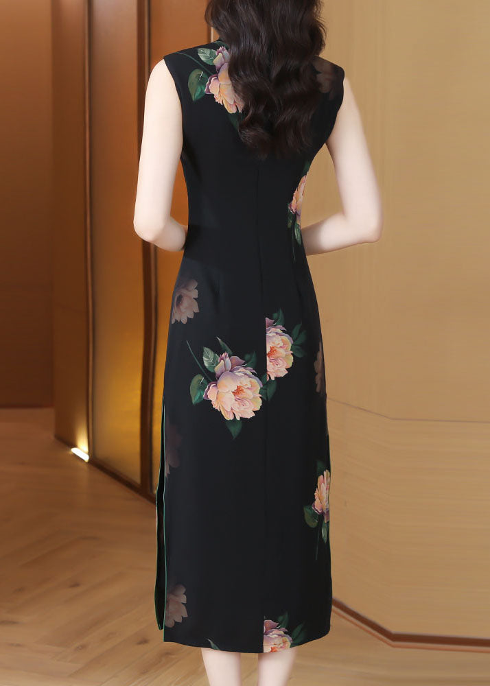 Black Stand Collar Print Side Open Chiffon Dresses Sleeveless