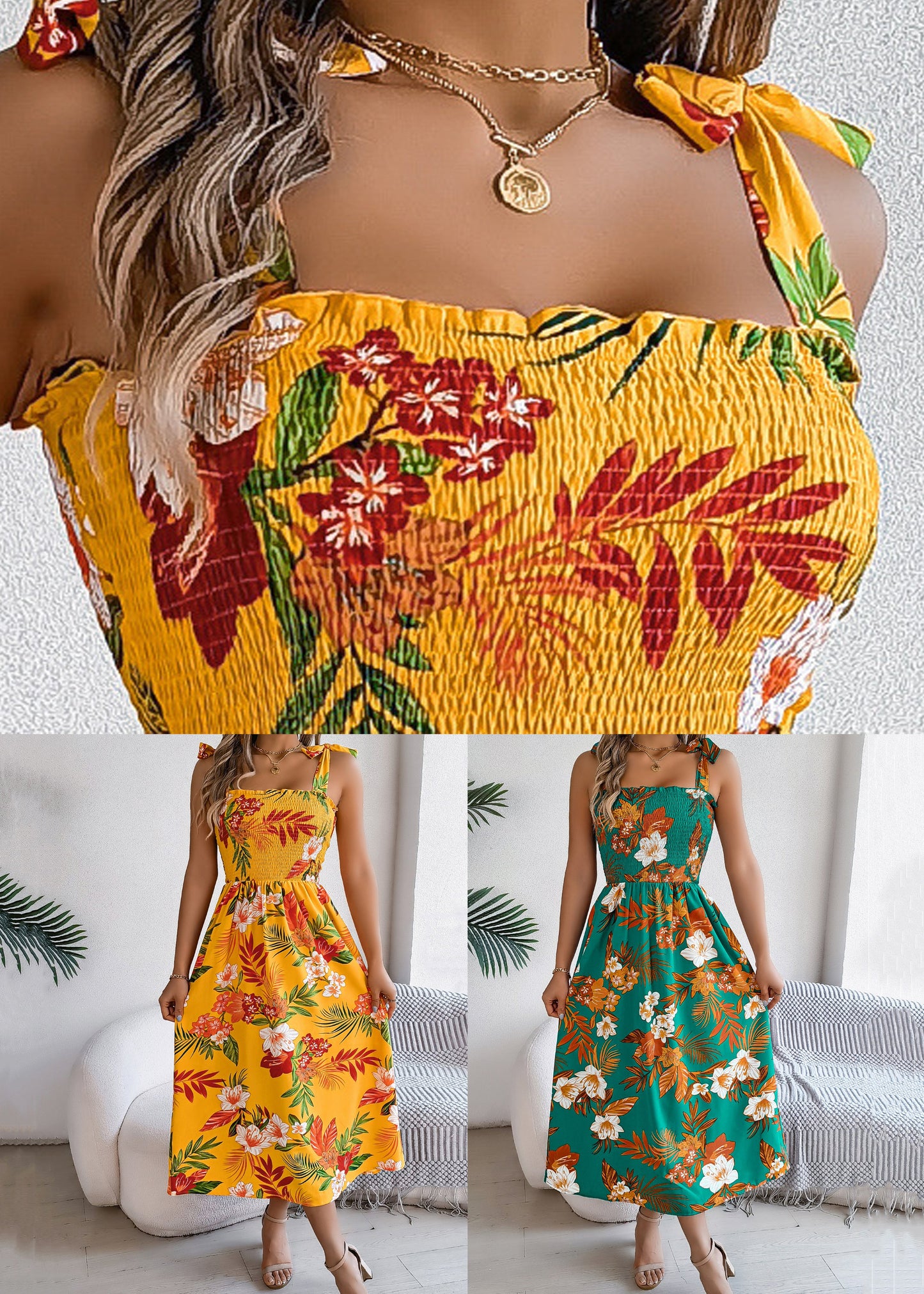 Yellow Print Lace Up Cotton Spaghetti Strap Dress Summer