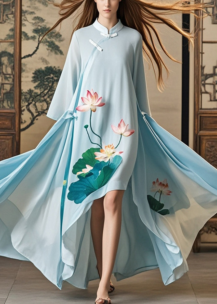 Sky Blue Asymmetrical Lotus Print Chiffon Oriental Dress Fall