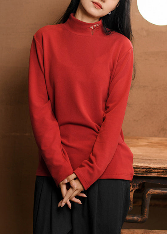 Original Red Hign Neck Embroidered Cotton T Shirt Spring