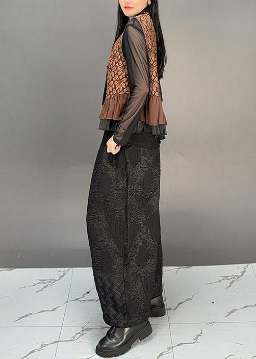 Brown V Neck Tassel Ruffled Cotton Vest Fall