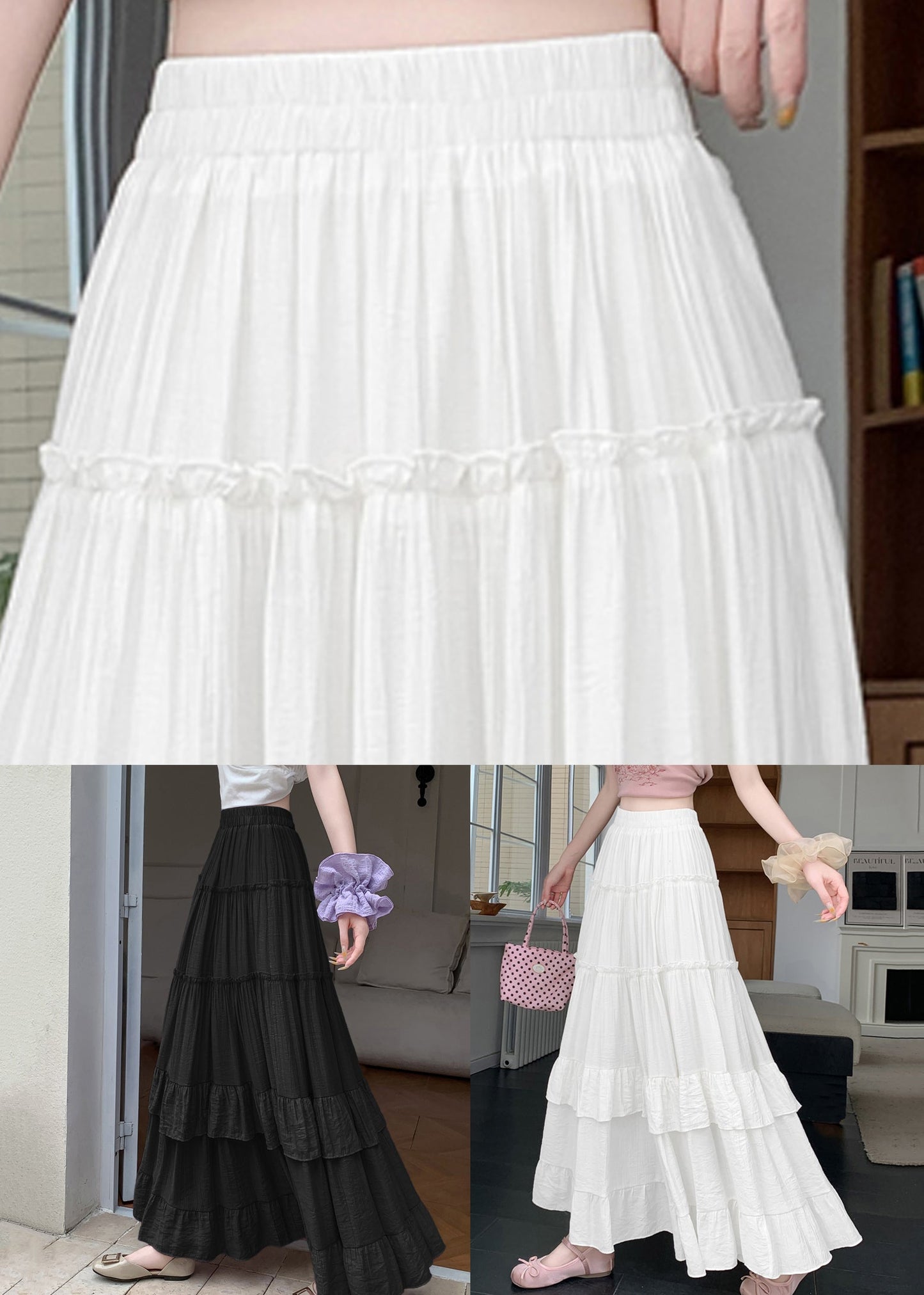New White Wrinkled Patchwork Cotton a Line Skirts Summer
