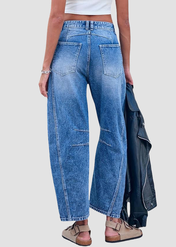 Simple Blue Pockets High Waist Denim Crop Pants Summer