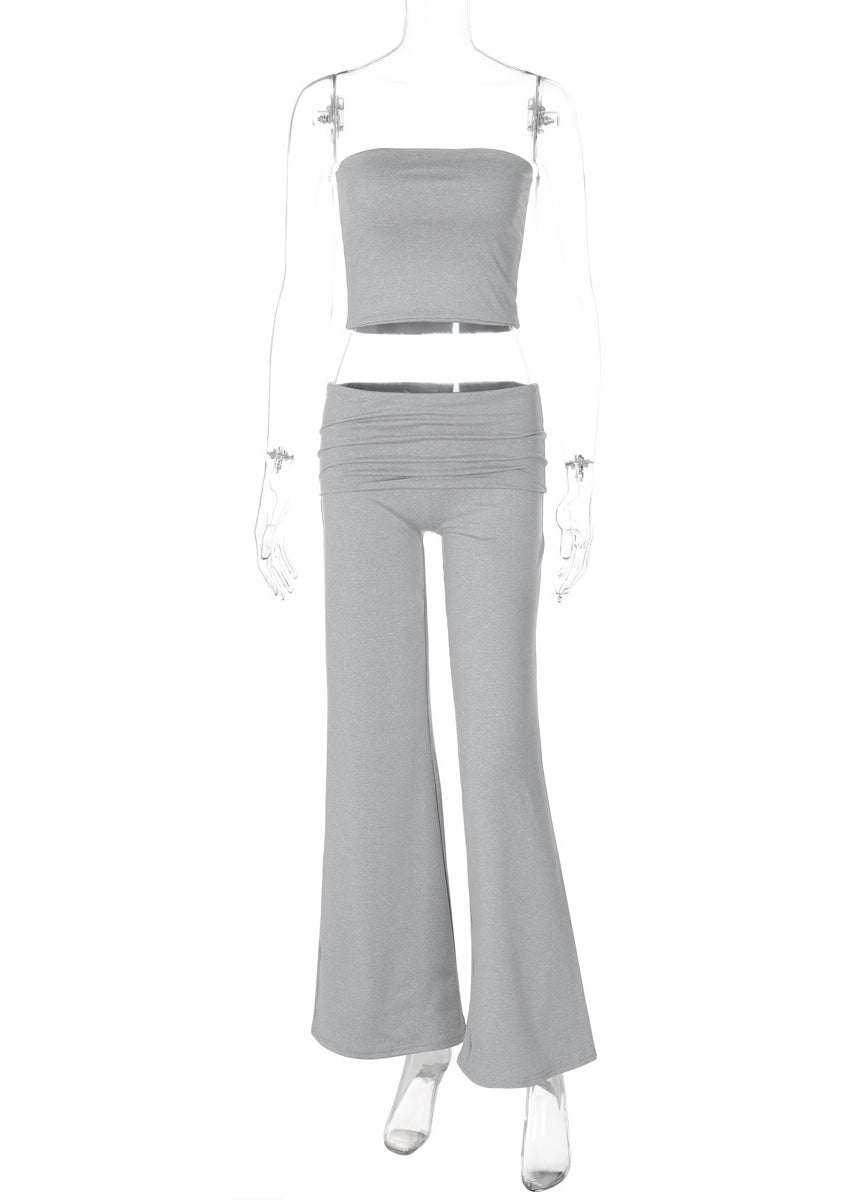Slim Fit Grey Strapless and Pants Cotton Two Piece Set Summer