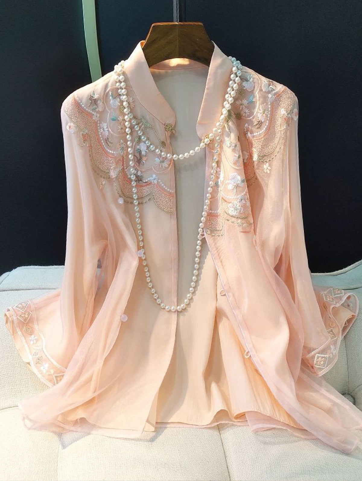 Lotus Pink Embroidery Mock Neck Fog Button 3/4 Sleeve Loose Shirt