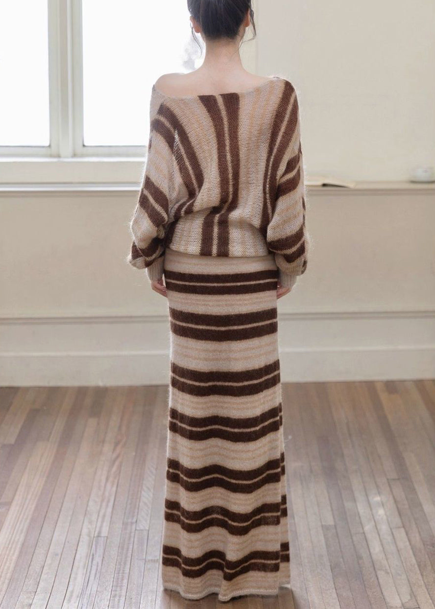 Loose Striped O Neck Cozy Sweaters and Skirts Two Piece Set Fall