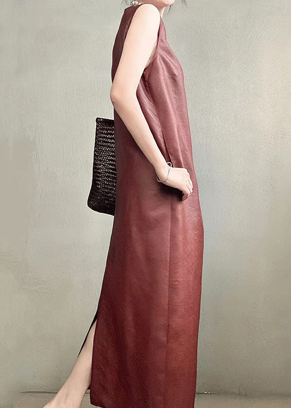 Red Pockets Back Side Open Silk Long Dress Sleeveless