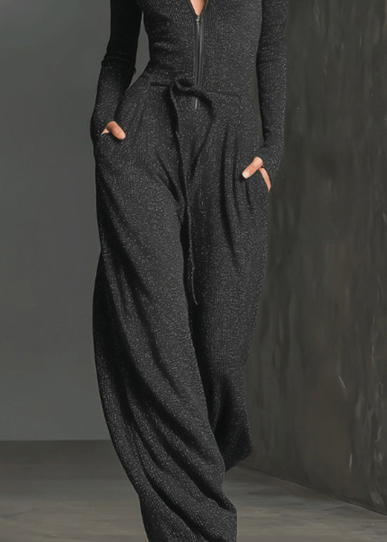 Modern Blue Zip Up Lace Up Patchwork Cotton Jumpsuit Fall