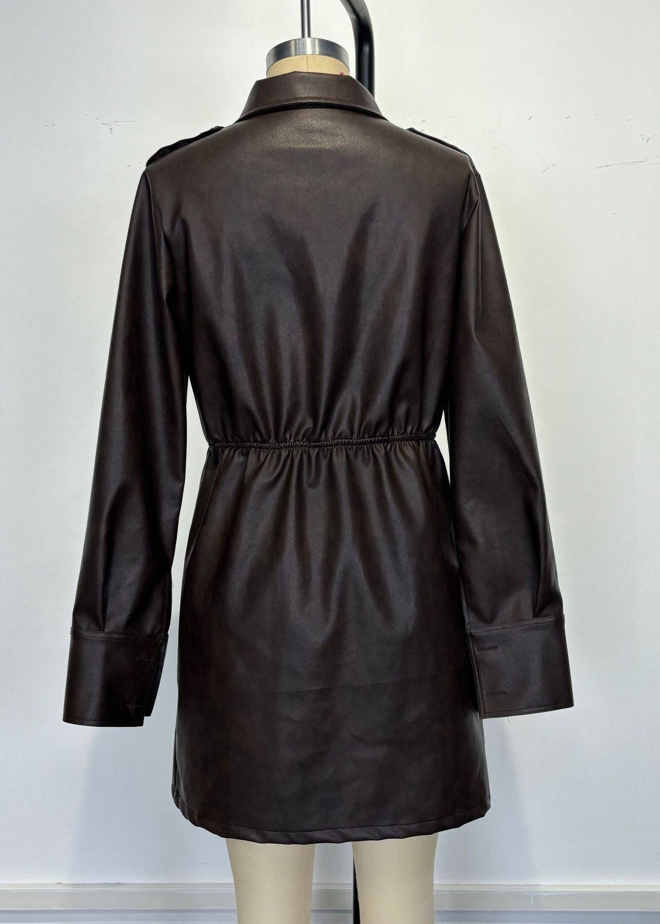 Coffee Peter Pan Collar Zippered Patchwork Faux Leather Mid Dress Spring