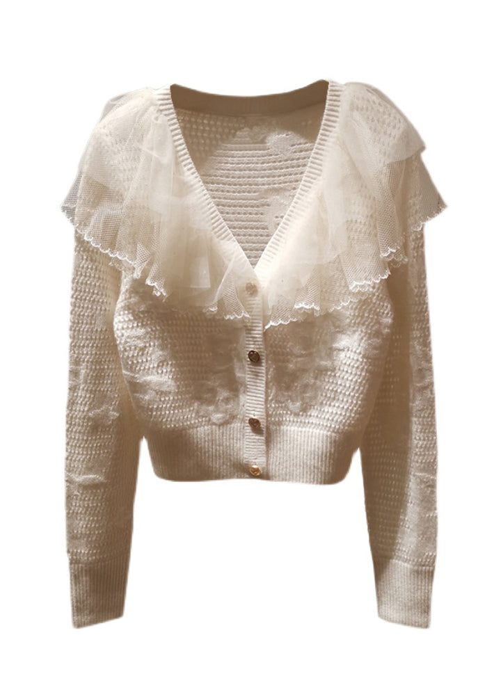 French Beige Tulle Ruffled Patchwork Knit Cardigans Spring