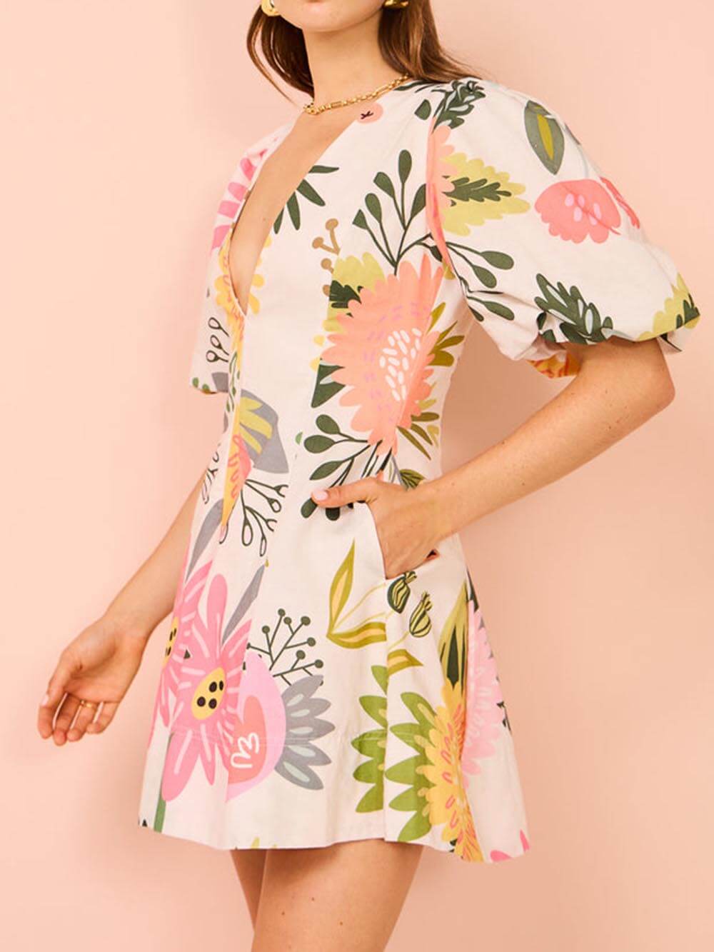 Puff Sleeve Print Pocketed Mini Dress