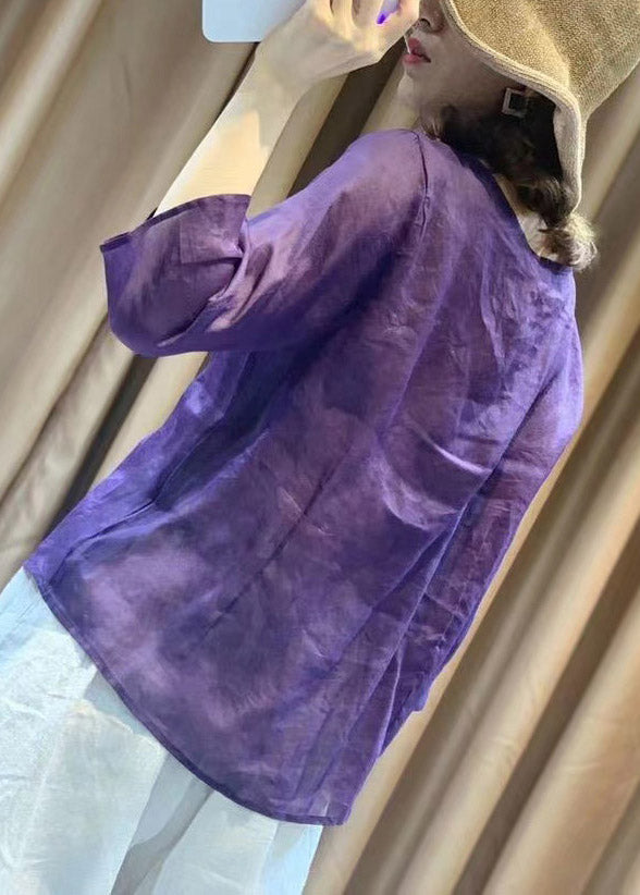 Novelty Purple O-neck Embroidered Tie Waist Linen Top Long Sleeve